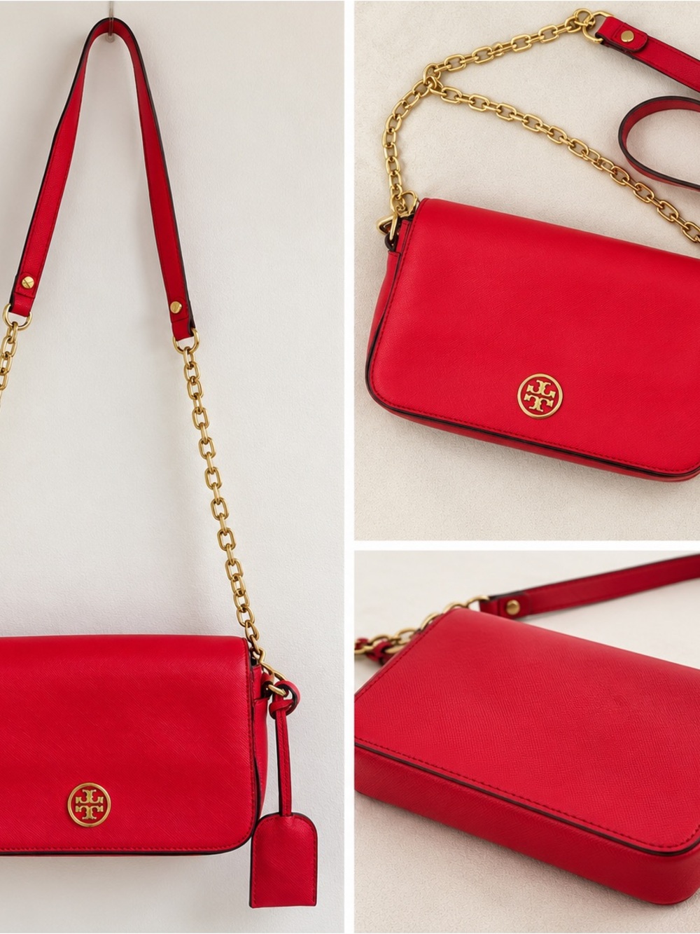 Tory Burch Red Crossbody Flap Bag – Gold Chain Strap & Logo